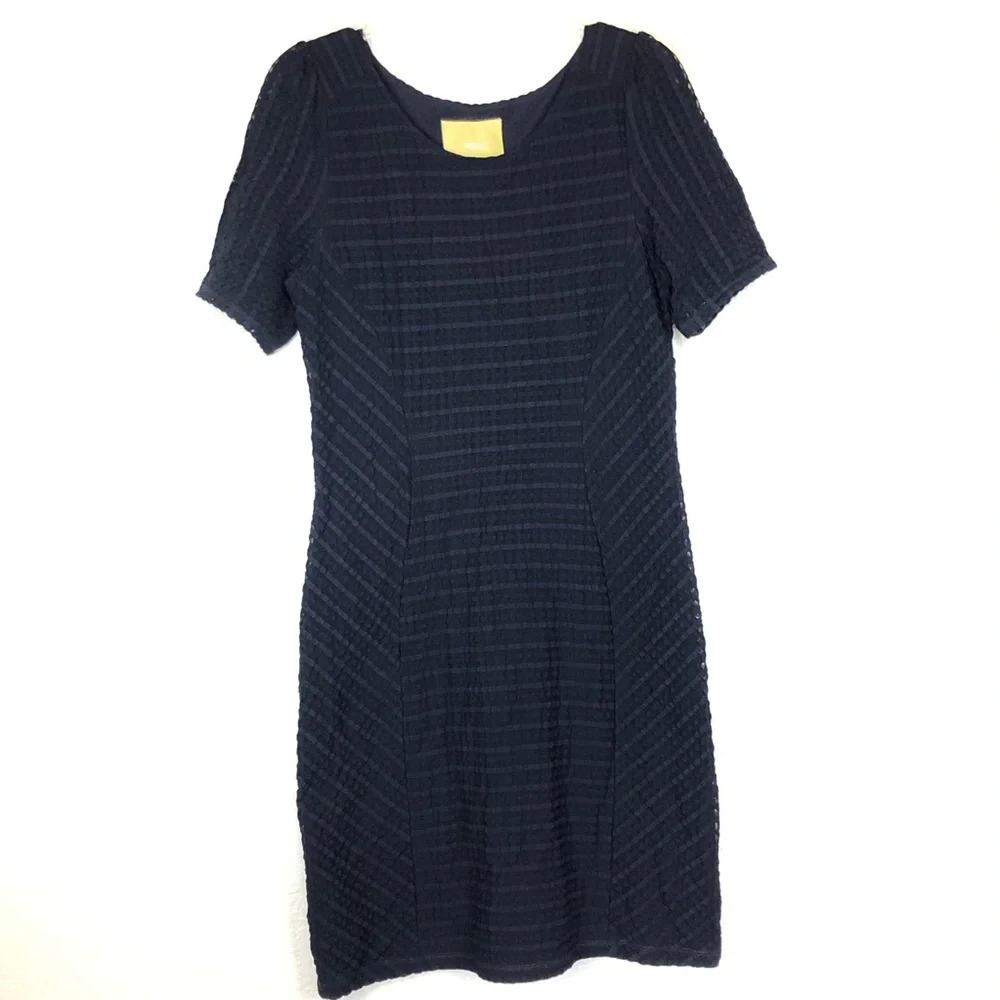 Anthropologie Maeve Textured Navy Blue Women's Sheath Dress Short Sleeve Medium